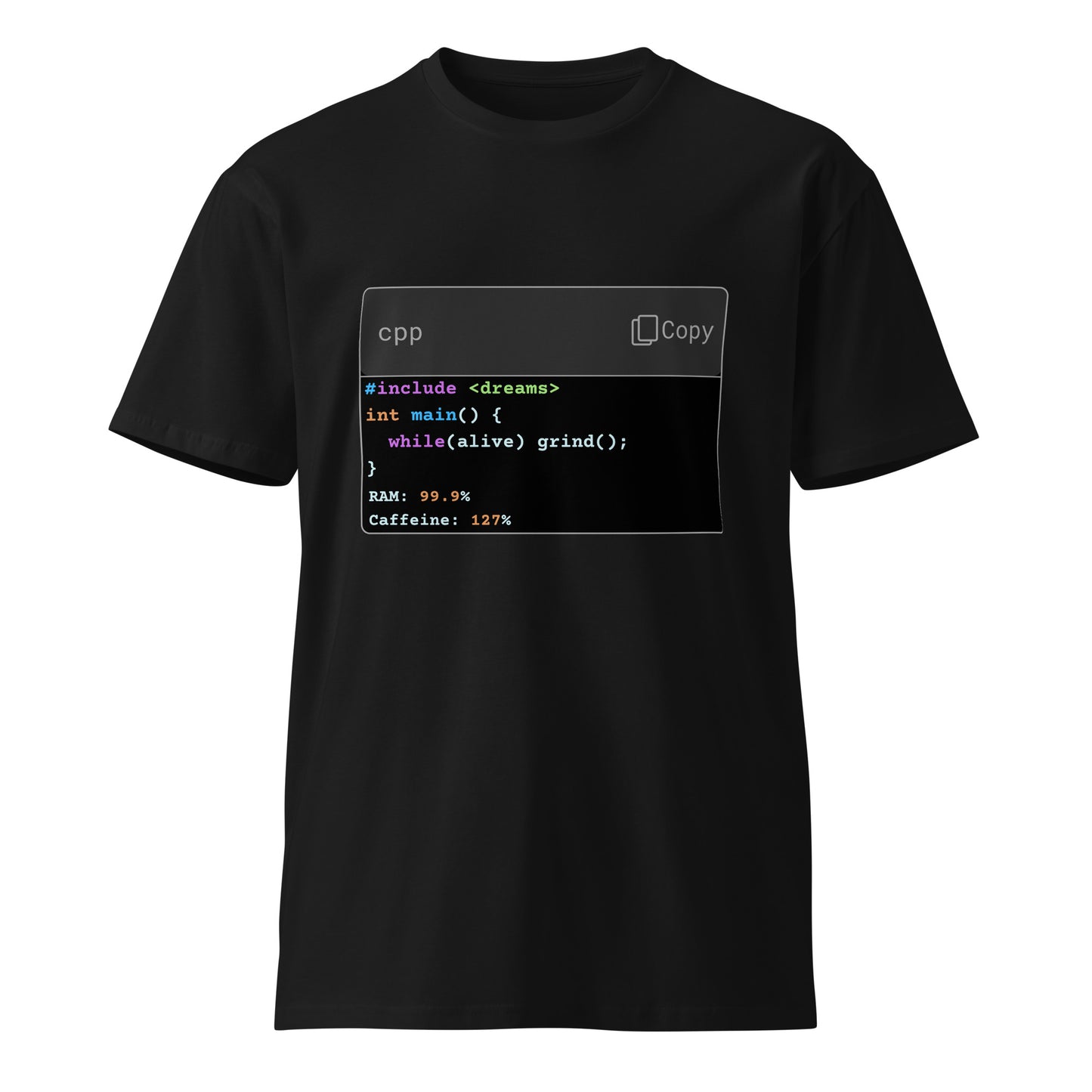 Hamcodes while(alive) grind(); Tee – C++ Runtime, IRL EditionUnisex premium t-shirt