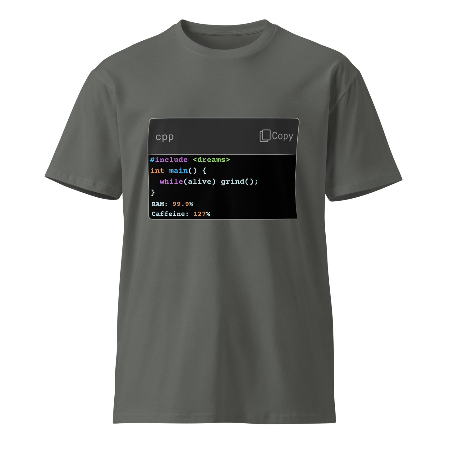 Hamcodes while(alive) grind(); Tee – C++ Runtime, IRL EditionUnisex premium t-shirt