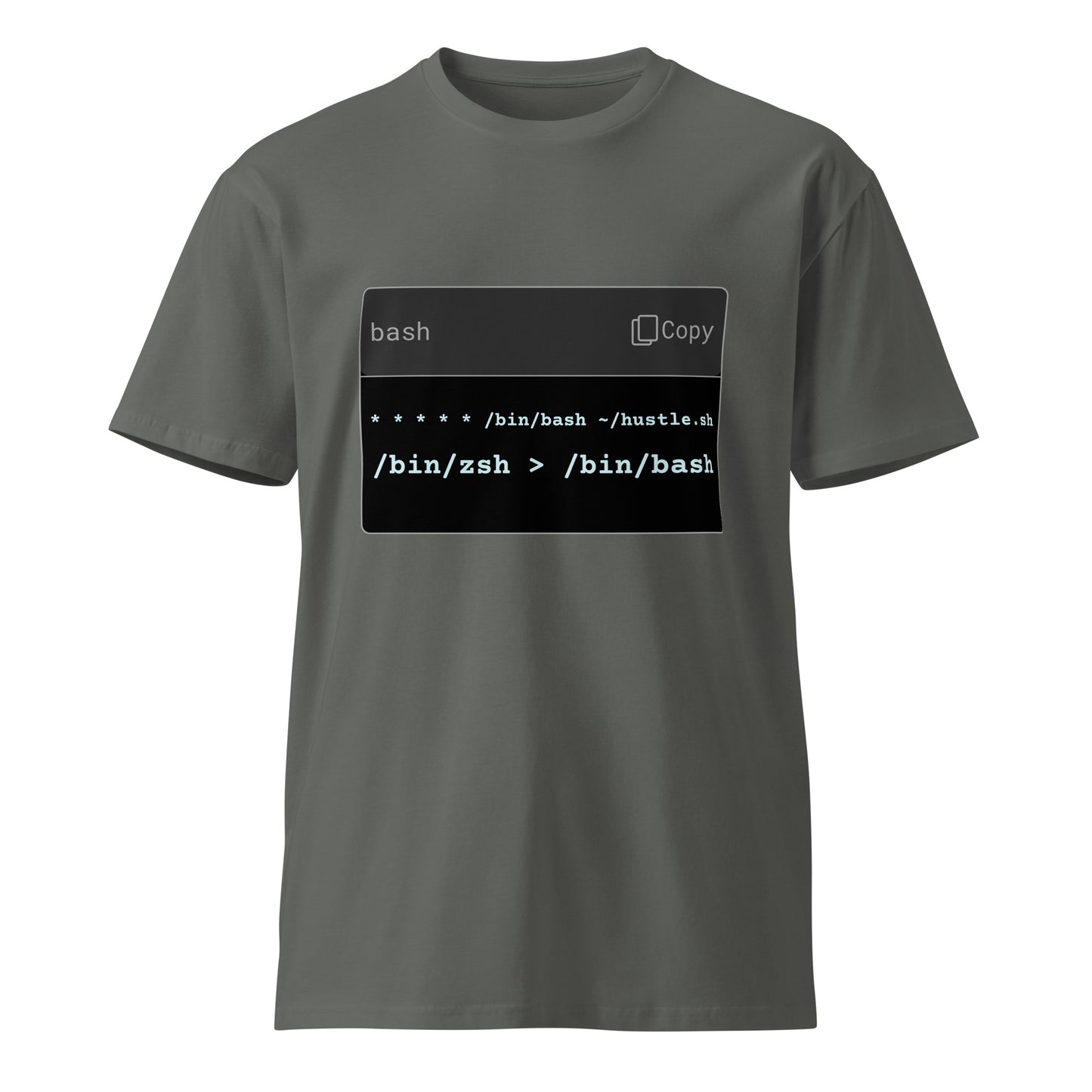 Hamcodes hustle.sh Tee – Cron-Driven. Shell-Switched. Always On. Unisex premium t-shirt