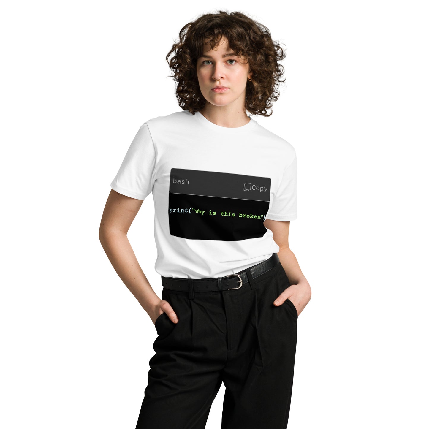 Hamcodes print(“why is this broken”) Tee – Wrong Shell. Right Mood Unisex premium t-shirt