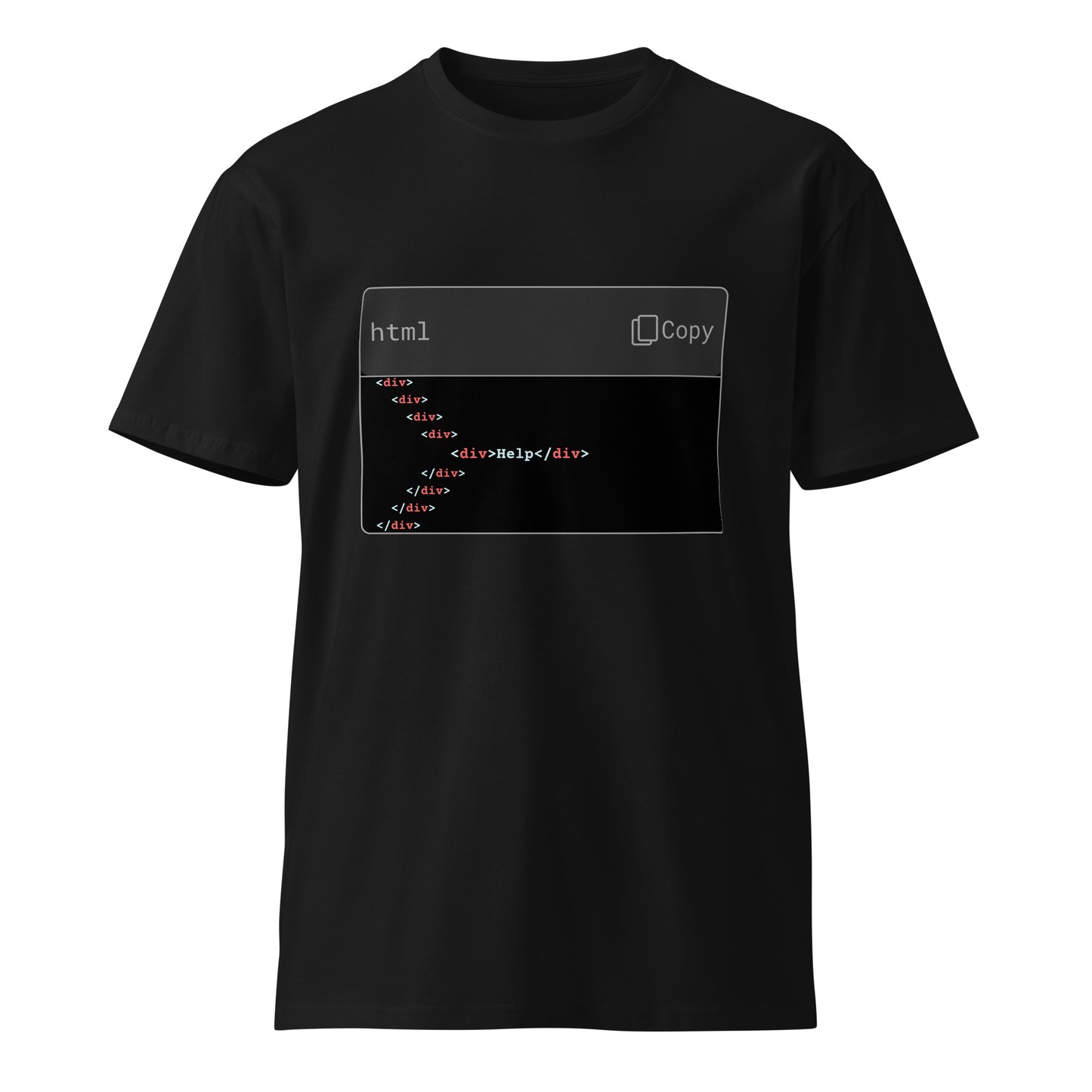 Hamcodes Nested Div Hell Tee – Send Help. It’s in the Fifth Layer. Unisex premium t-shirt