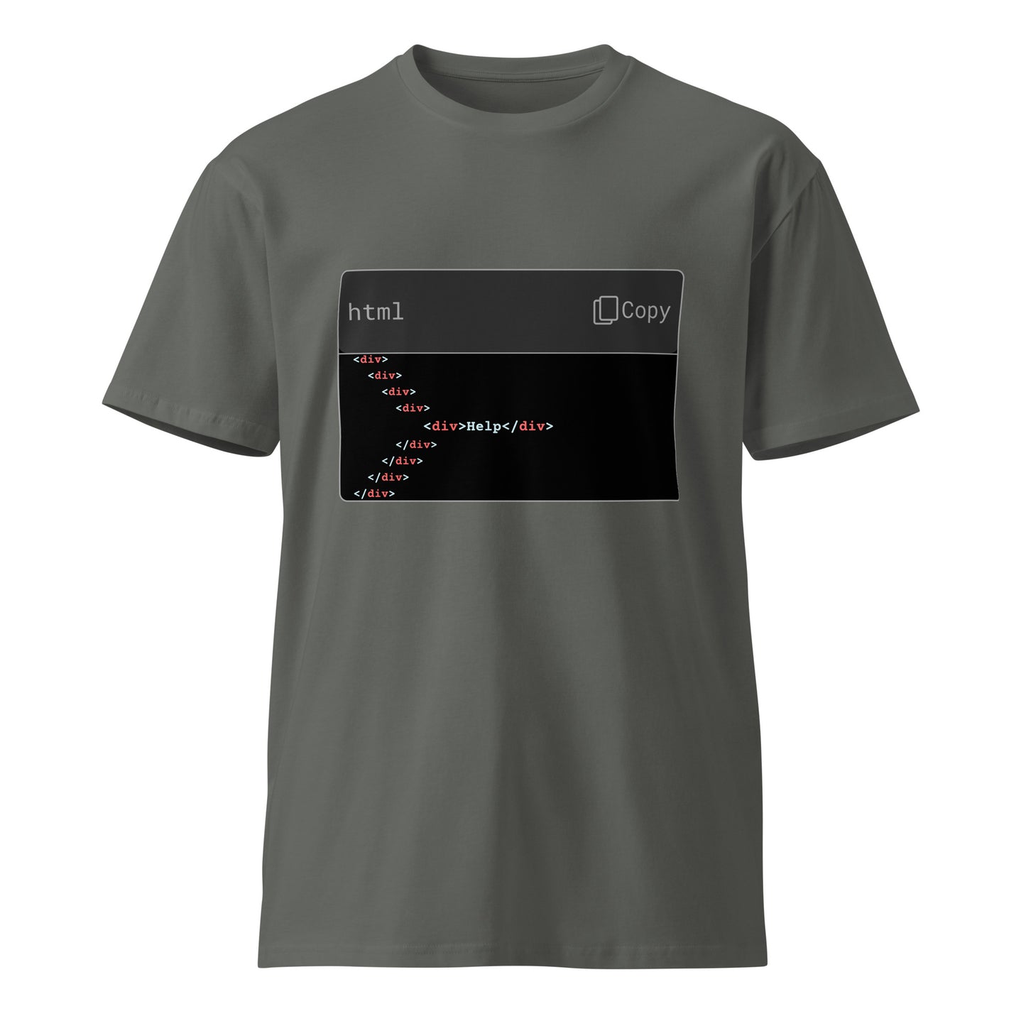 Hamcodes Nested Div Hell Tee – Send Help. It’s in the Fifth Layer. Unisex premium t-shirt