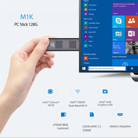 M1K Mini PC Stick – Intel Celeron J4125, Windows 11,Linux 8GB RAM, Dual-Band WiFi