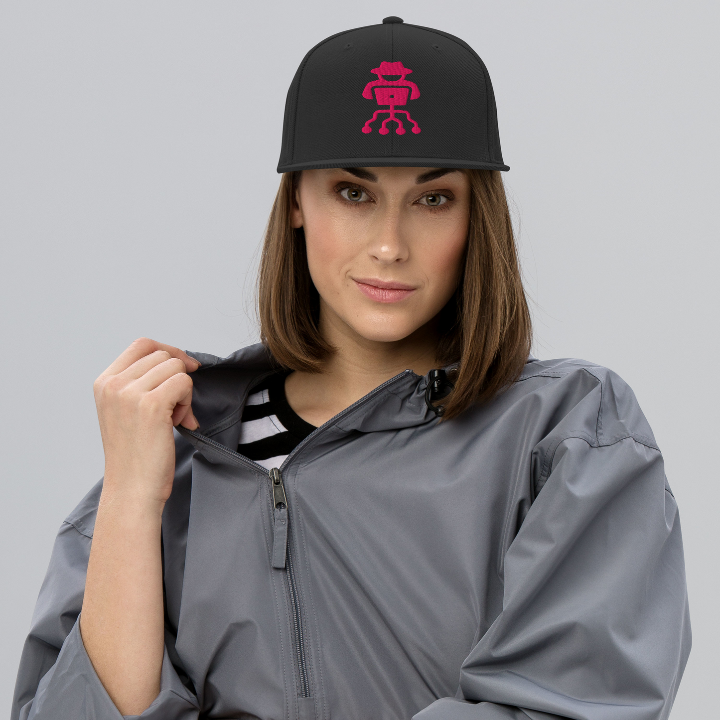 High-profile flat brim hacker snapback cap with embroidered details
