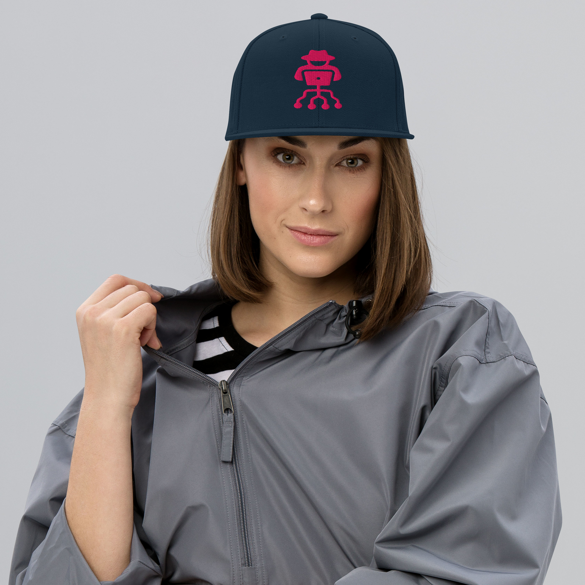 High-profile flat brim hacker snapback cap with embroidered details