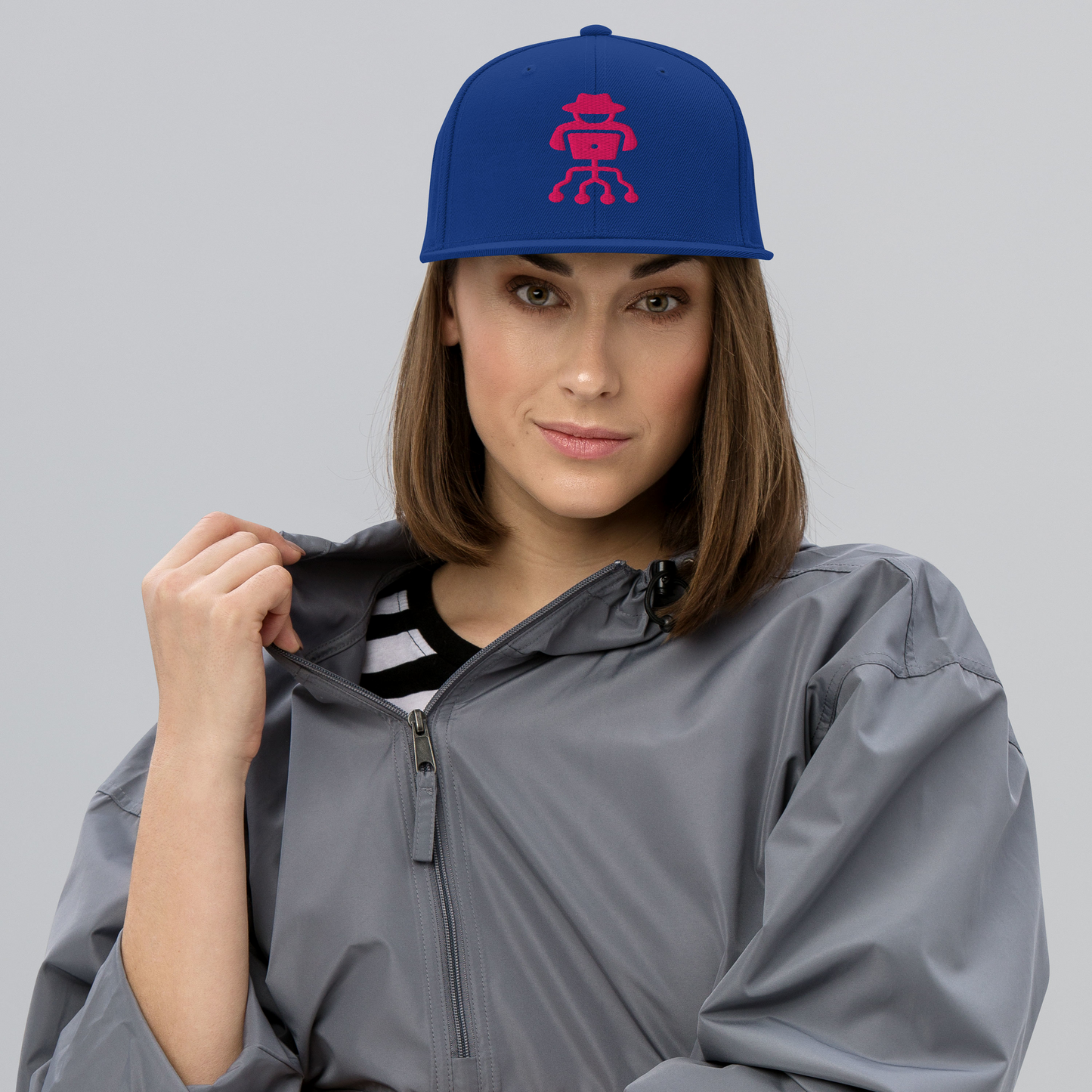 High-profile flat brim hacker snapback cap with embroidered details