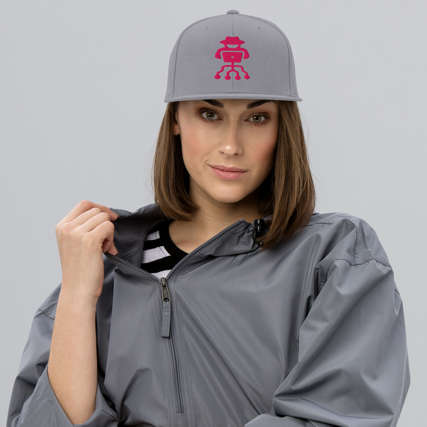 High-profile flat brim hacker snapback cap with embroidered details