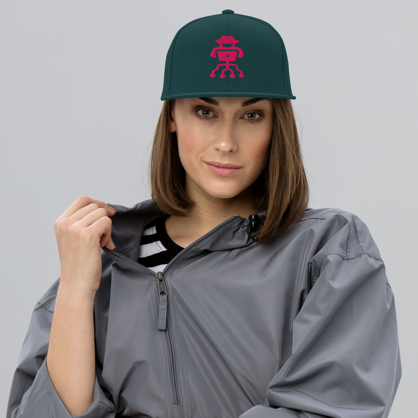 High-profile flat brim hacker snapback cap with embroidered details