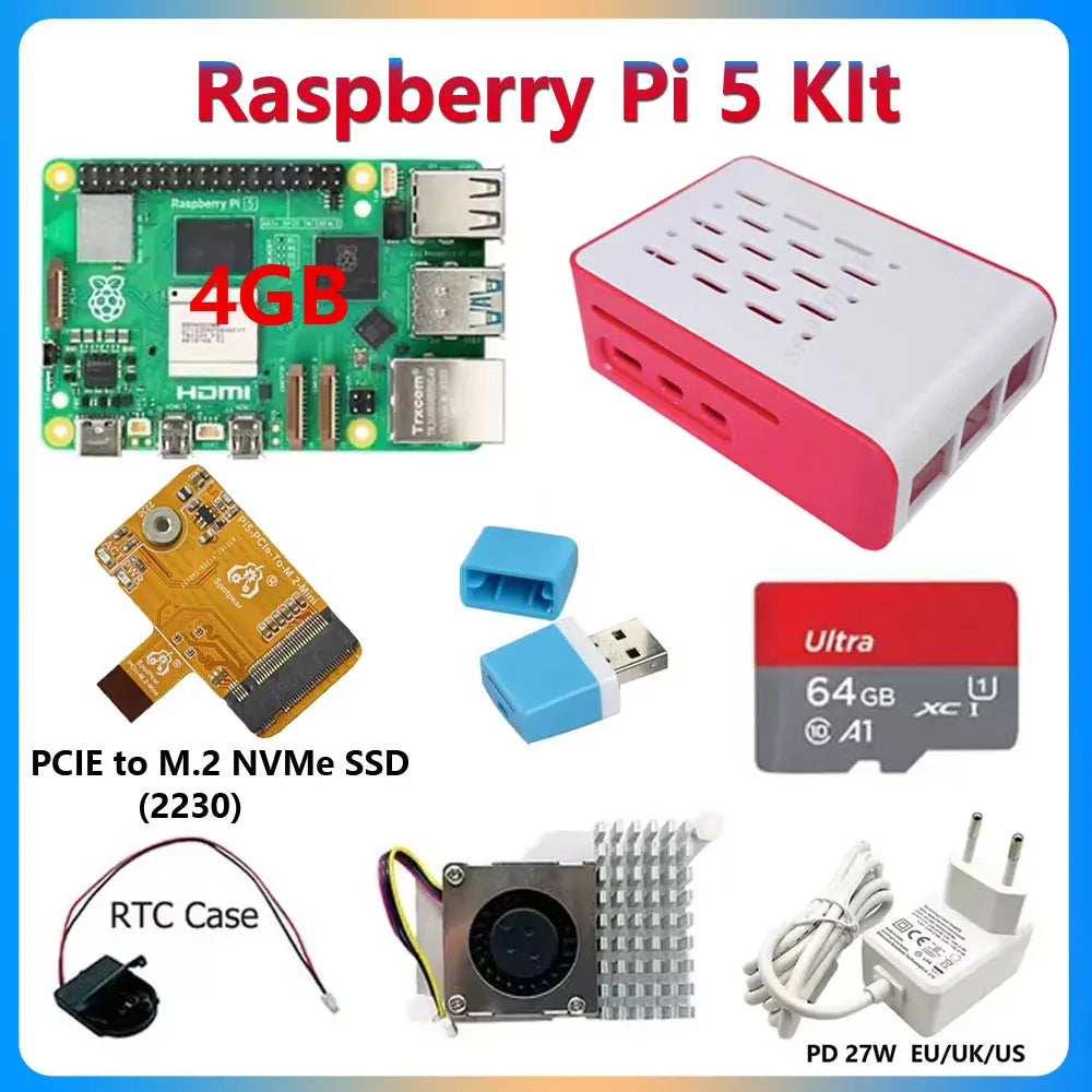 Raspberry Pi 5 Kit – 8GB/4GB/2GB RAM with PCIe M.2 NVMe SSD, 27W Power, Case & Accessories