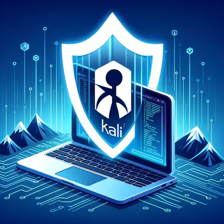 DALL·E 2024-03-10 19.40.58 - Illustrate a digital landscape protected by a shield emanating from a laptop screen displaying the Kali Linux logo